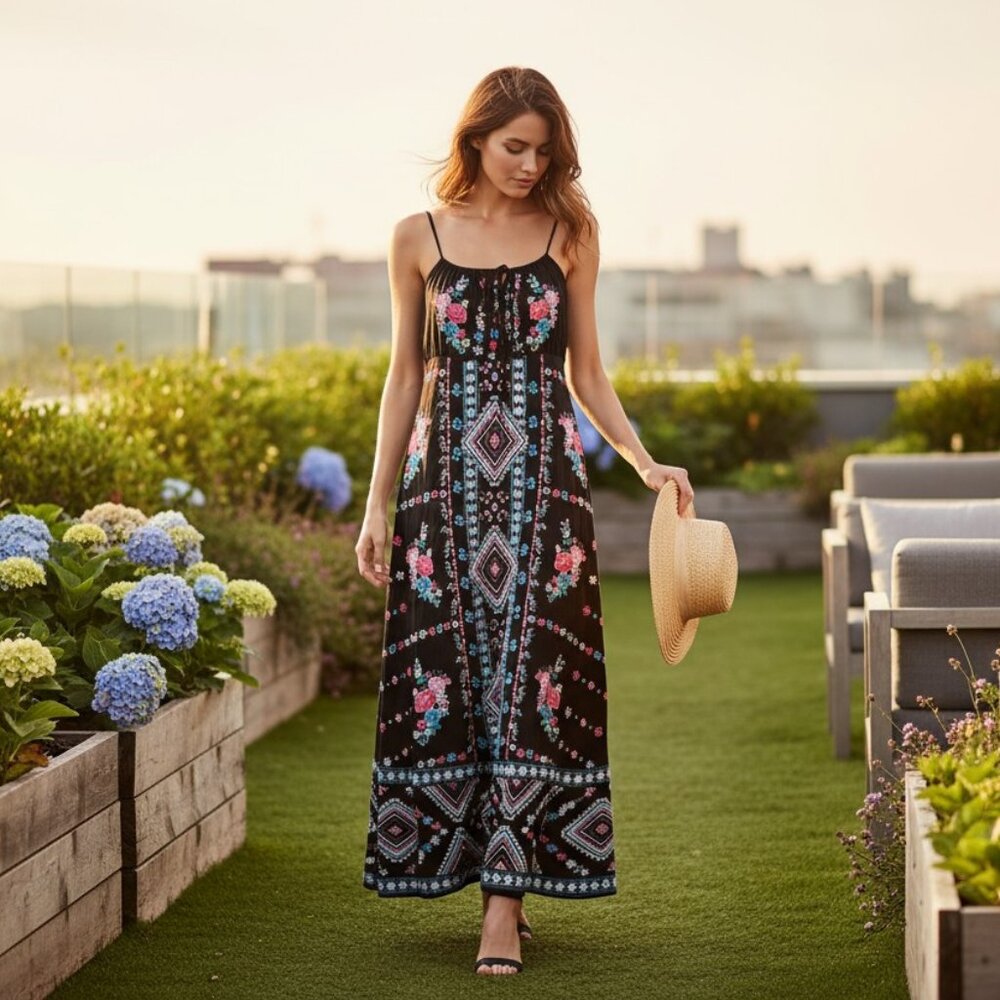 SAVANNA JANE Women's Bohemian Ethnic Embroidered Camisole Maxi Dress Sz M